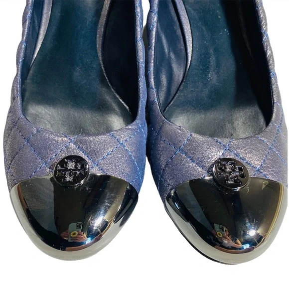 Tory Burch Kaitlin Quilted Cap Toe Navy Blue Metallic Pump Block Heel Size 9 M - Picture 7 of 12